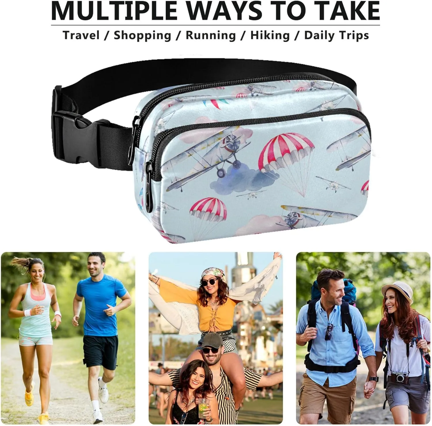 Cartoon Aviation Airplane Blue Women Fanny Pack Waterproof Belt Bag Hip Pack Cute Travel Waist Pack for Men
