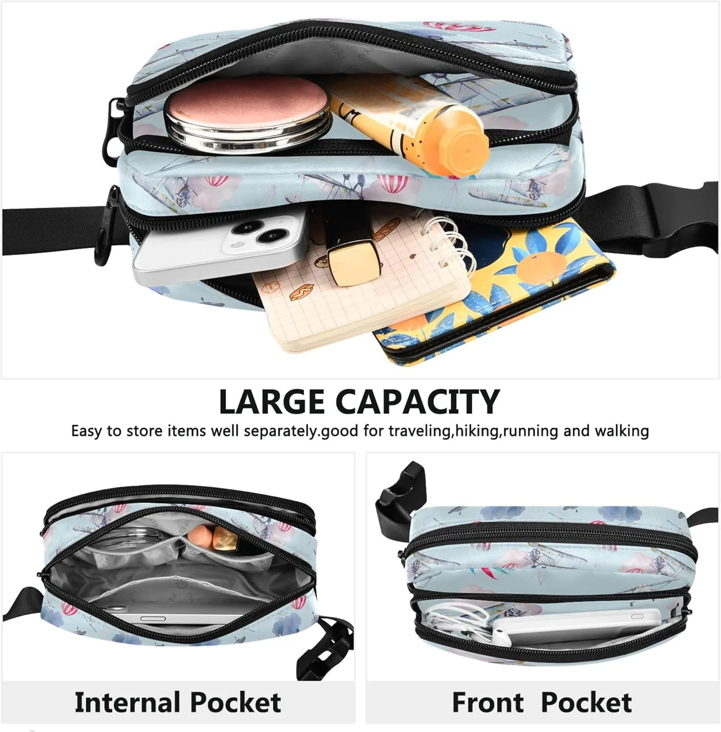 Cartoon Aviation Airplane Blue Women Fanny Pack Waterproof Belt Bag Hip Pack Cute Travel Waist Pack for Men