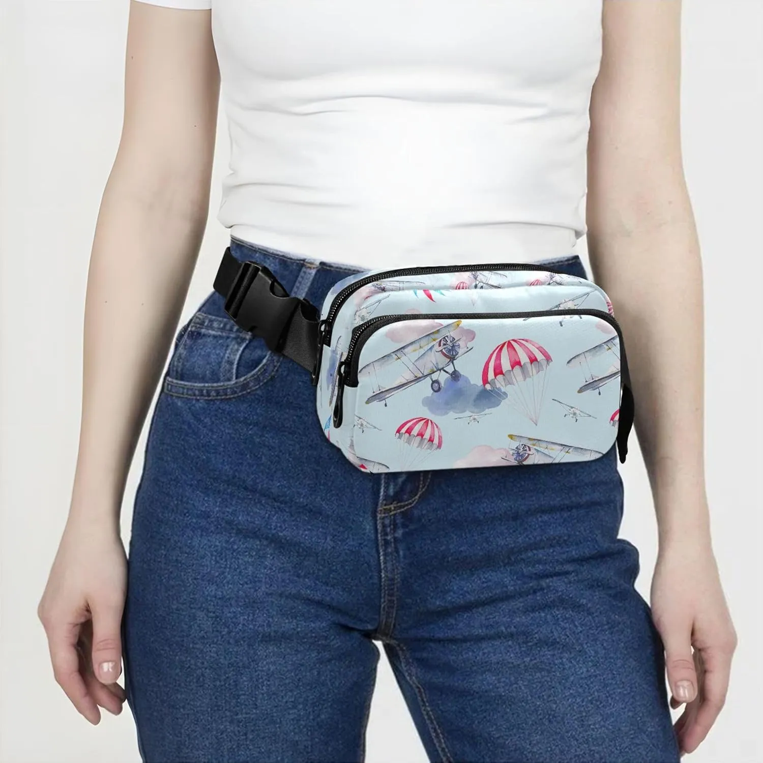 Cartoon Aviation Airplane Blue Women Fanny Pack Waterproof Belt Bag Hip Pack Cute Travel Waist Pack for Men