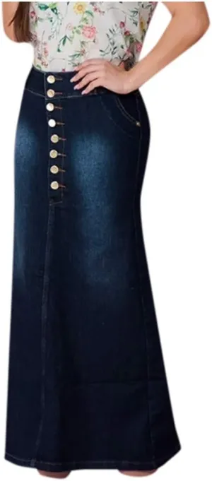 Casual Button-Fly Maxi Denim Skirts for Women A-Line Slim Fit Stretch High Waisted Butt Lifting Washed Long Jean Skirts