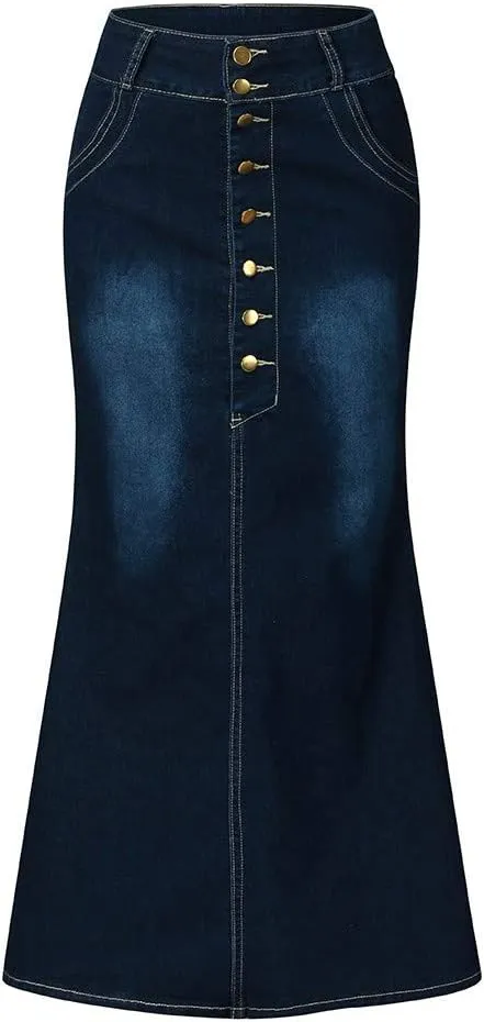 Casual Button-Fly Maxi Denim Skirts for Women A-Line Slim Fit Stretch High Waisted Butt Lifting Washed Long Jean Skirts