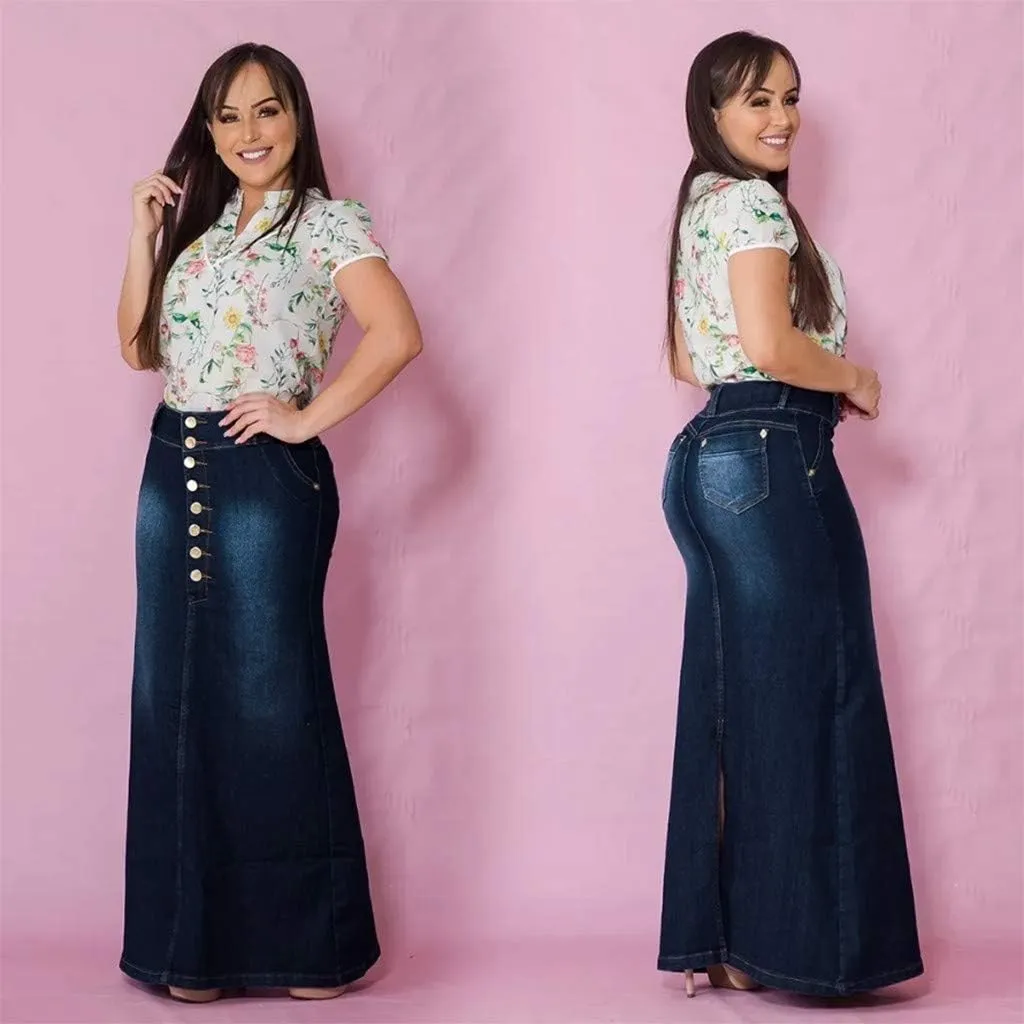 Casual Button-Fly Maxi Denim Skirts for Women A-Line Slim Fit Stretch High Waisted Butt Lifting Washed Long Jean Skirts