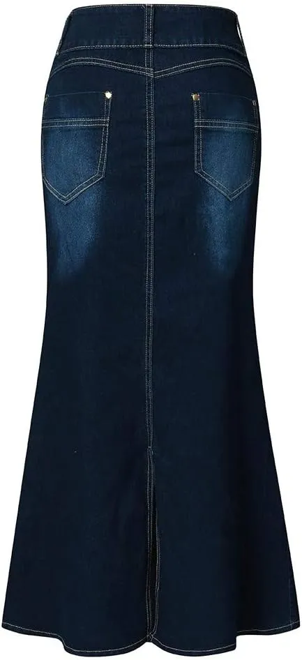 Casual Button-Fly Maxi Denim Skirts for Women A-Line Slim Fit Stretch High Waisted Butt Lifting Washed Long Jean Skirts
