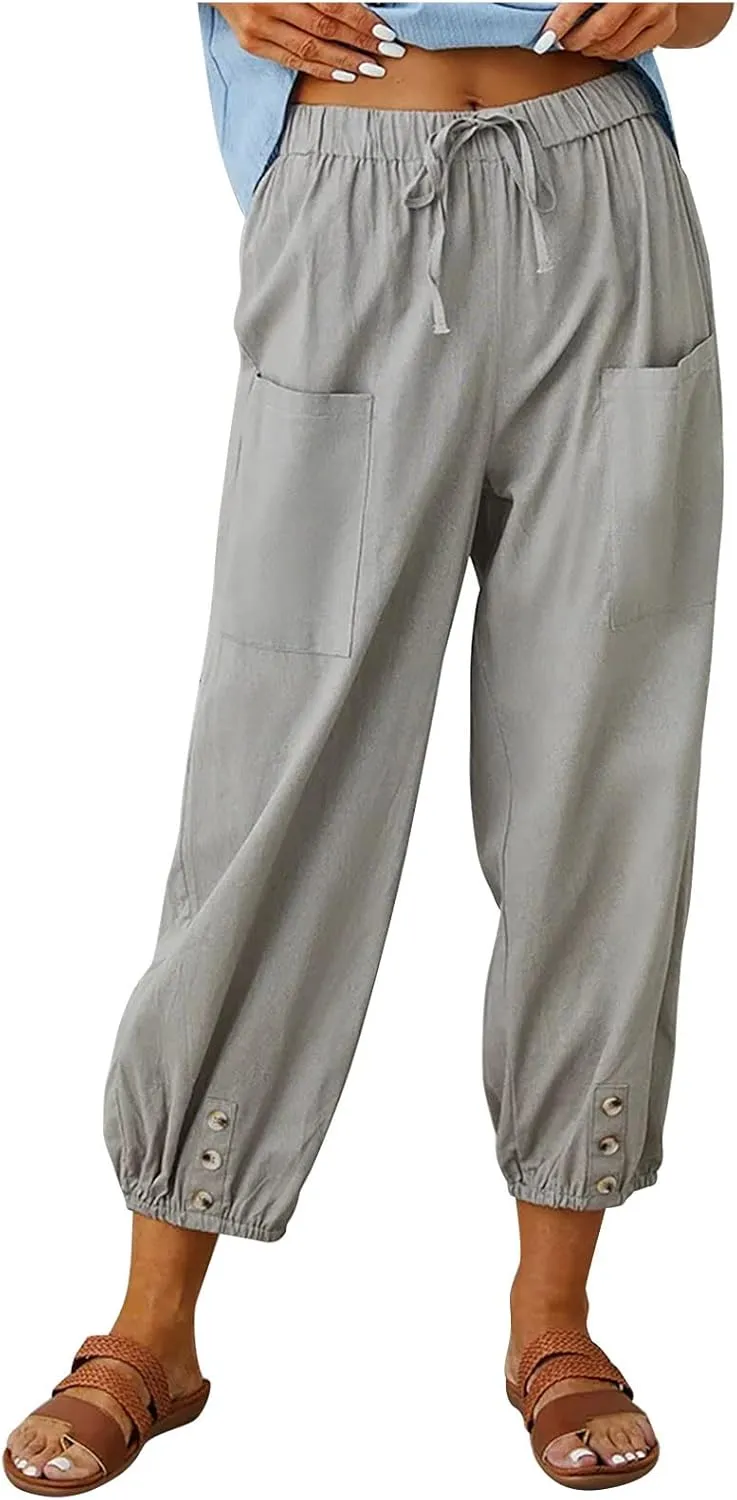 Casual Lantern Harem Slacks for Women Loose Fit Capris Pants 2025 Summer Beach Yoga Trousers with Pockets