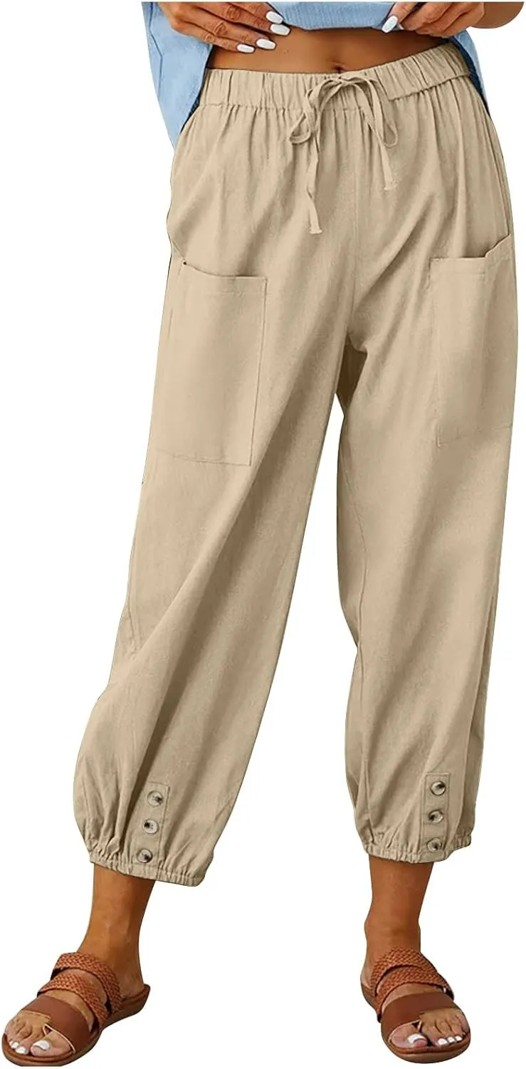 Casual Lantern Harem Slacks for Women Loose Fit Capris Pants 2025 Summer Beach Yoga Trousers with Pockets
