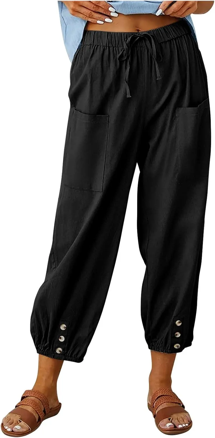 Casual Lantern Harem Slacks for Women Loose Fit Capris Pants 2025 Summer Beach Yoga Trousers with Pockets