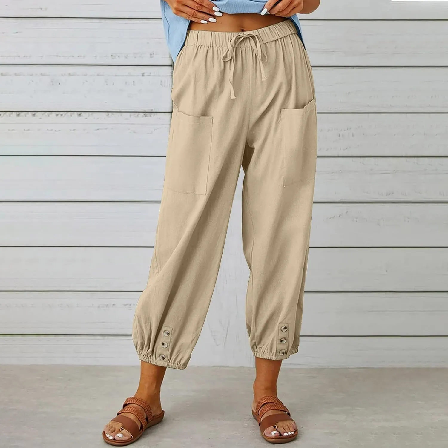 Casual Lantern Harem Slacks for Women Loose Fit Capris Pants 2025 Summer Beach Yoga Trousers with Pockets