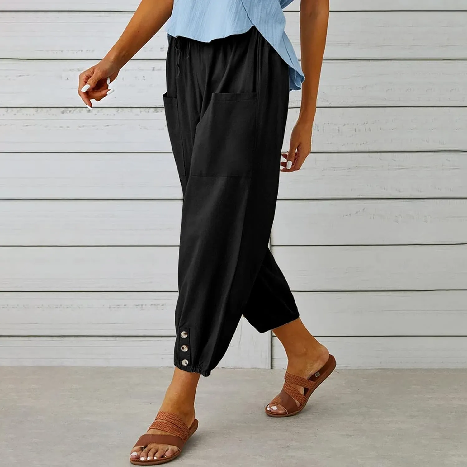 Casual Lantern Harem Slacks for Women Loose Fit Capris Pants 2025 Summer Beach Yoga Trousers with Pockets