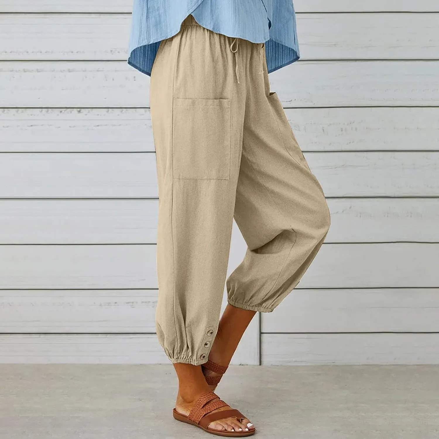 Casual Lantern Harem Slacks for Women Loose Fit Capris Pants 2025 Summer Beach Yoga Trousers with Pockets