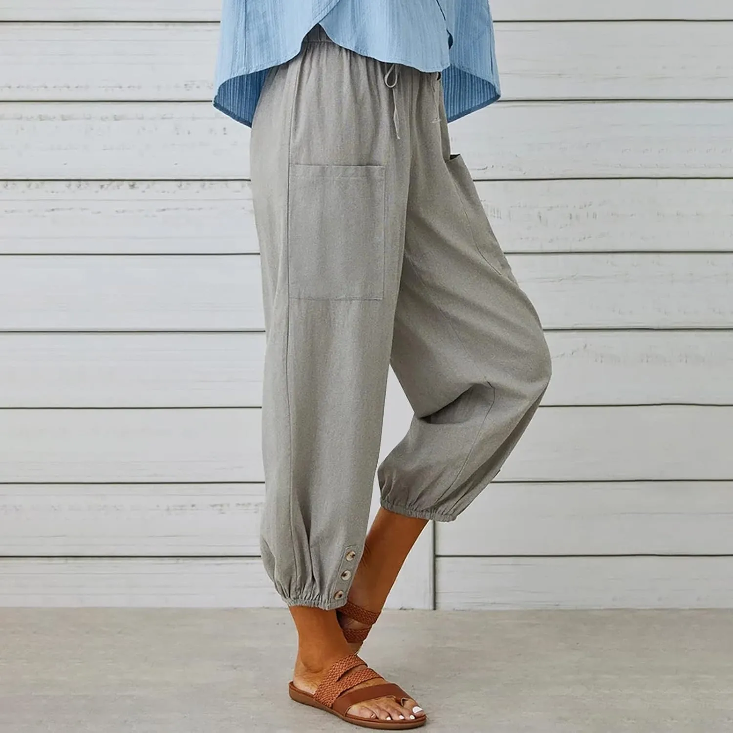 Casual Lantern Harem Slacks for Women Loose Fit Capris Pants 2025 Summer Beach Yoga Trousers with Pockets