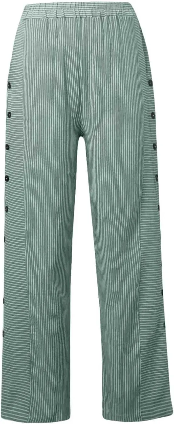 Casual Pants for Women Striped Side Button Elastic Waist Trendy Pants Straight Leg Lightweight Trousers with Pocket