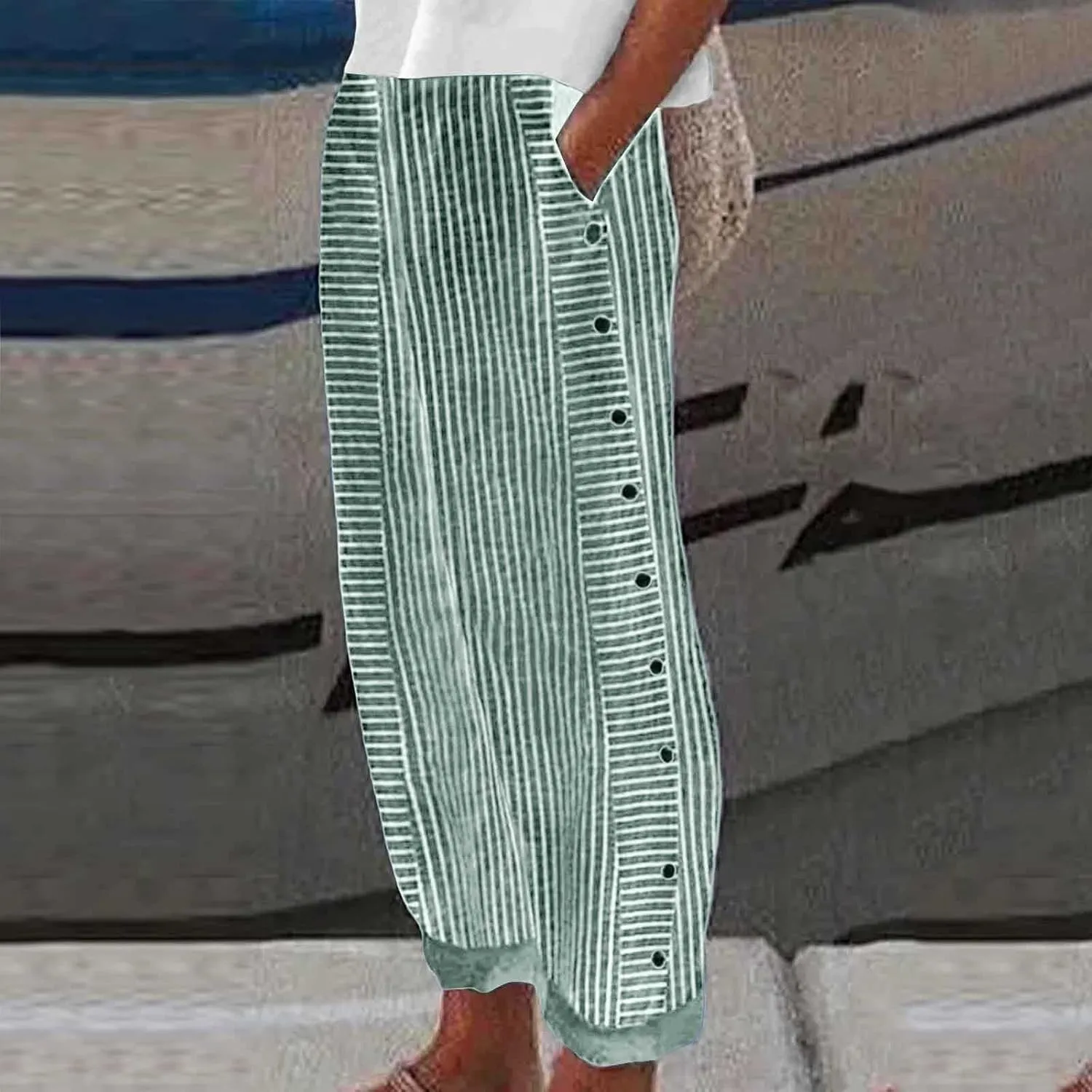 Casual Pants for Women Striped Side Button Elastic Waist Trendy Pants Straight Leg Lightweight Trousers with Pocket