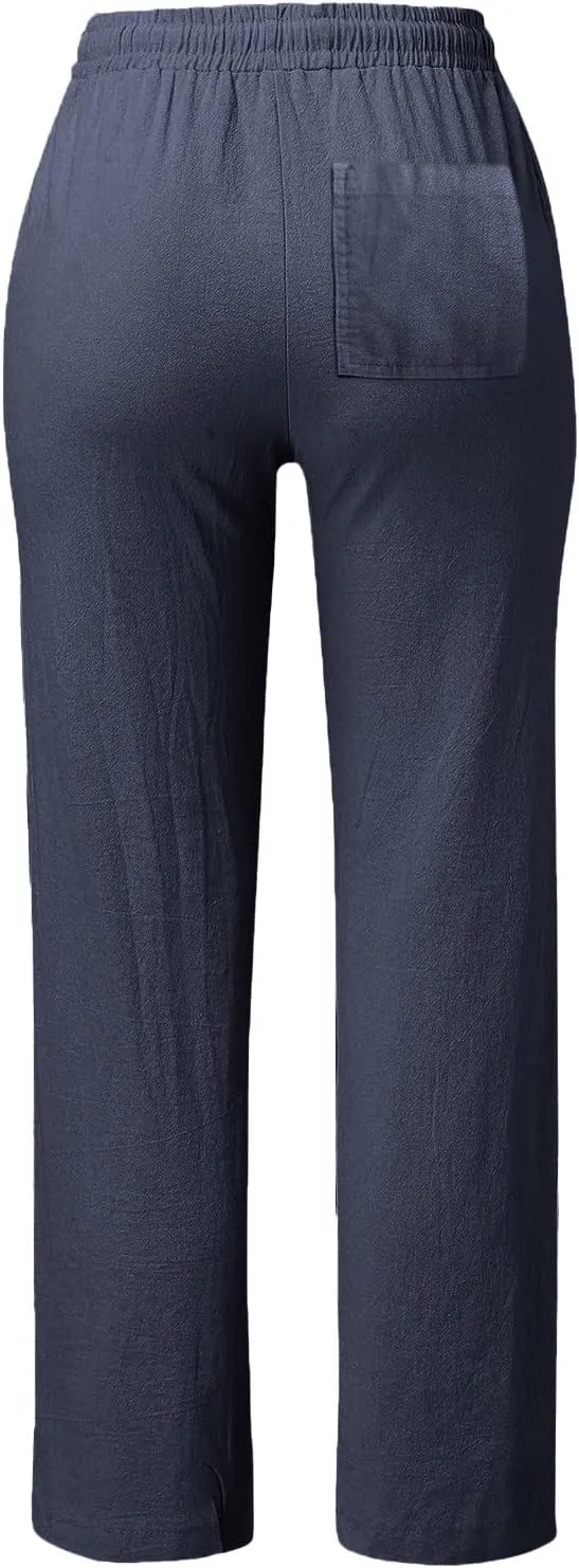 Casual Pants Women Summer Drawstring High Waist Straight Leg Pants Casual Dressy Work Vacation Beach Trousers with Pockets