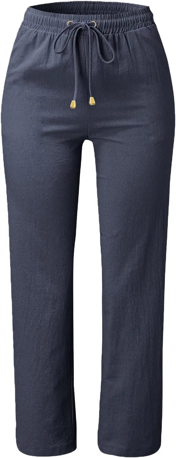 Casual Pants Women Summer Drawstring High Waist Straight Leg Pants Casual Dressy Work Vacation Beach Trousers with Pockets