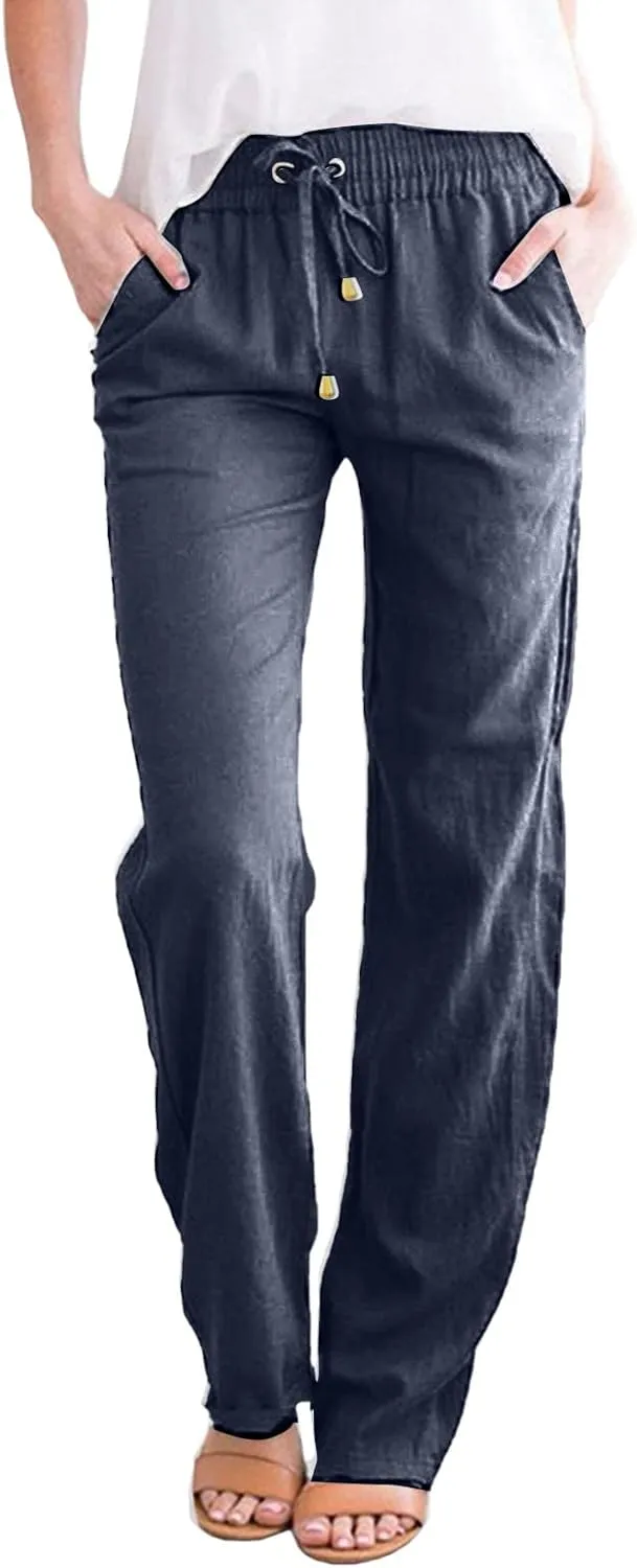 Casual Pants Women Summer Drawstring High Waist Straight Leg Pants Casual Dressy Work Vacation Beach Trousers with Pockets