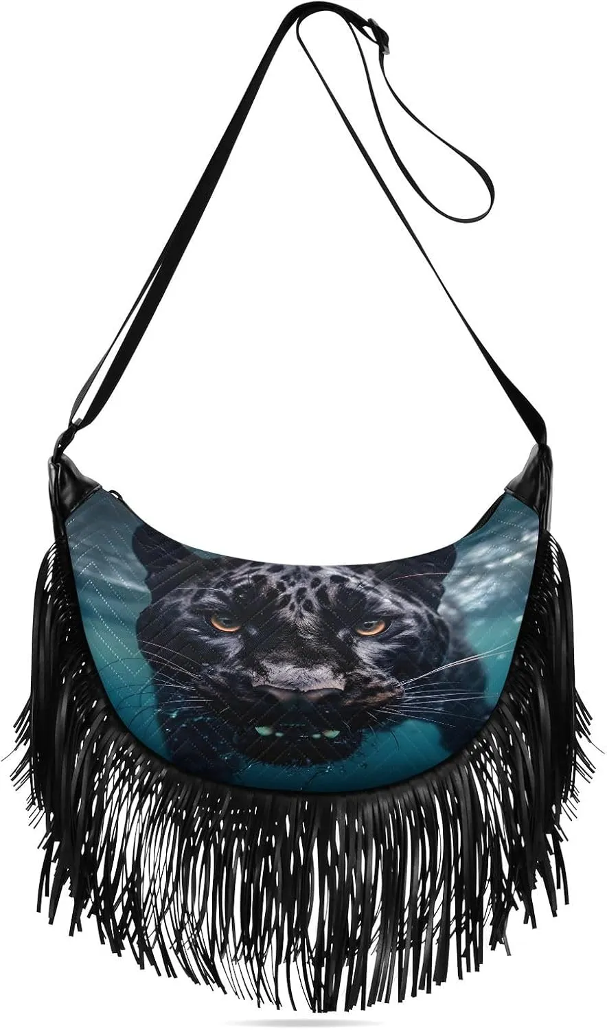 CEBUGI Women's Fringe Crossbody Tassel Purse Black Leopard Hobo Shoulder Bags Crossbody Handbag with Adjustable Shoulder Straps