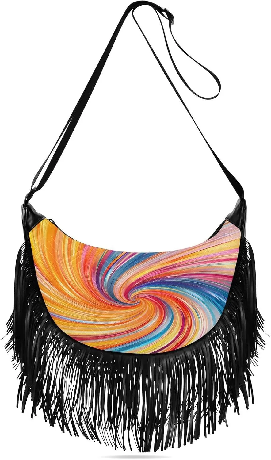 CEBUGI Women's Fringe Crossbody Tassel Purse Color Swirl Hobo Shoulder Bags Crossbody Handbag with Adjustable Shoulder Straps