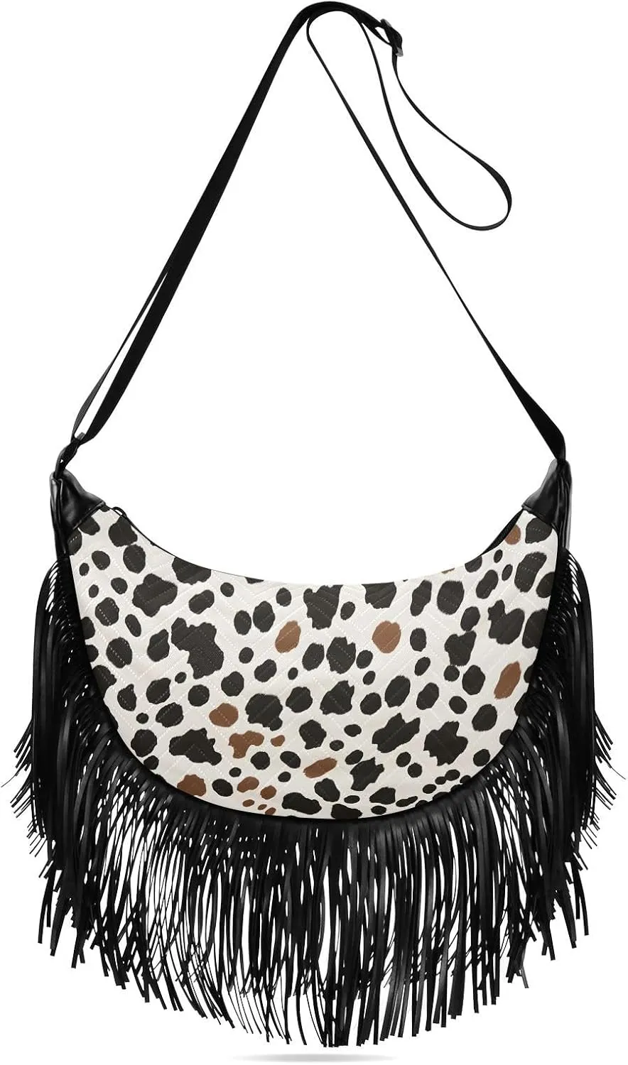 CEBUGI Women's Fringe Crossbody Tassel Purse Cow Skin Print Hobo Shoulder Bags Crossbody Handbag with Adjustable Shoulder Straps