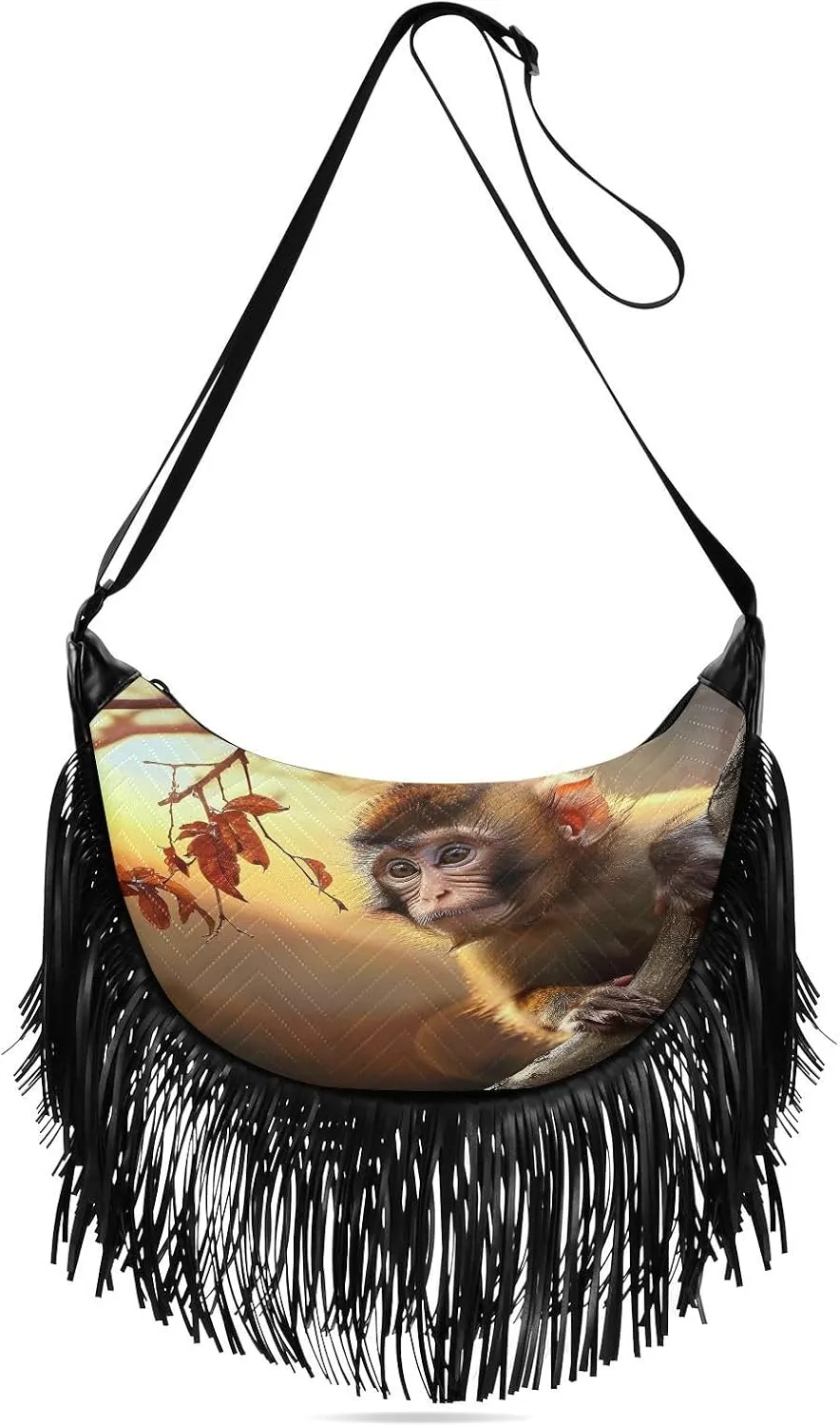 CEBUGI Women's Fringe Crossbody Tassel Purse Cute Monkey Hobo Shoulder Bags Crossbody Handbag with Adjustable Shoulder Straps