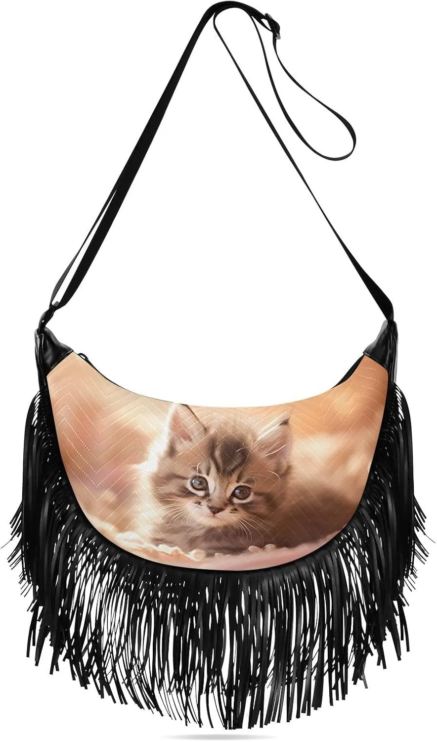 CEBUGI Women's Fringe Crossbody Tassel Purse Kitten Hobo Shoulder Bags Crossbody Handbag with Adjustable Shoulder Straps