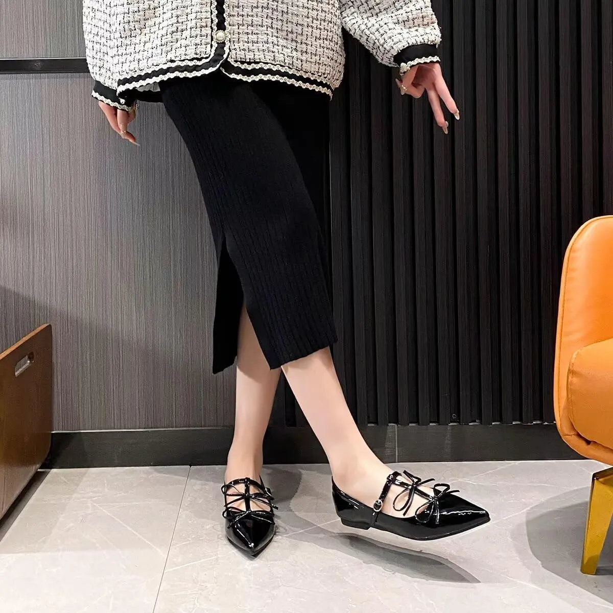 ChaiRong Zhou Women Mary Jane Flats Two Bowknot Patent Leather T-Straps Pointed Toe Casual Ballet Dress Shoes