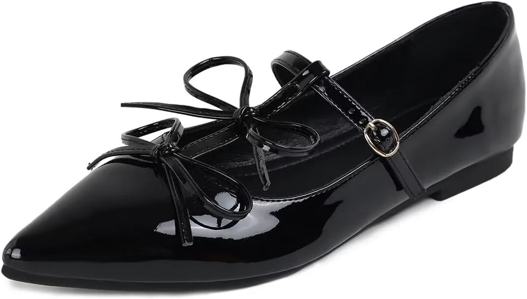 ChaiRong Zhou Women Mary Jane Flats Two Bowknot Patent Leather T-Straps Pointed Toe Casual Ballet Dress Shoes