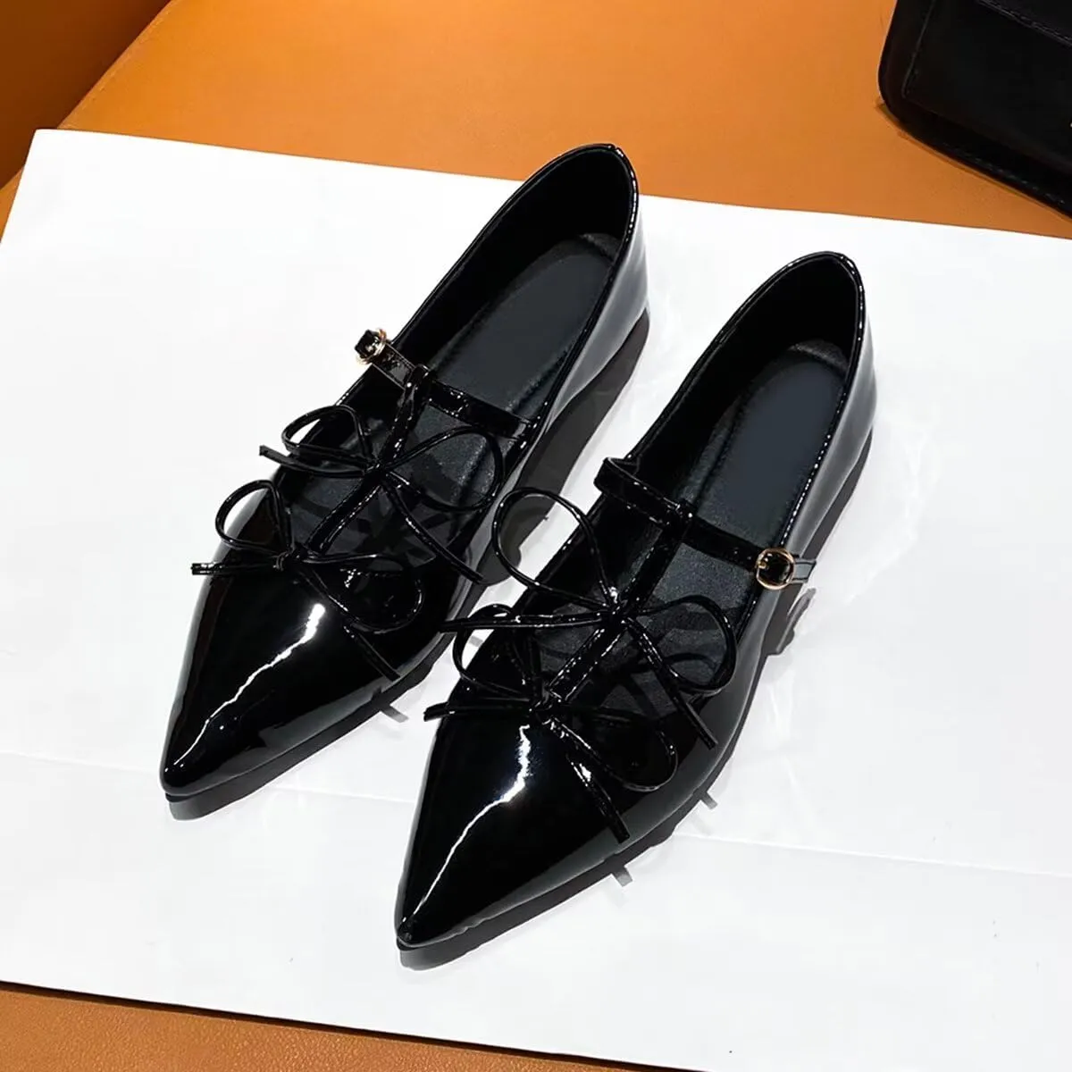 ChaiRong Zhou Women Mary Jane Flats Two Bowknot Patent Leather T-Straps Pointed Toe Casual Ballet Dress Shoes