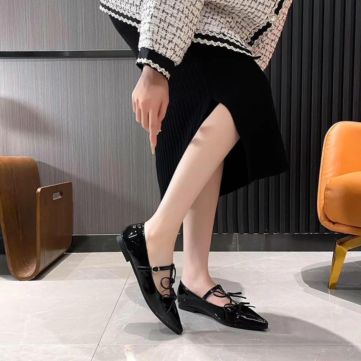 ChaiRong Zhou Women Mary Jane Flats Two Bowknot Patent Leather T-Straps Pointed Toe Casual Ballet Dress Shoes