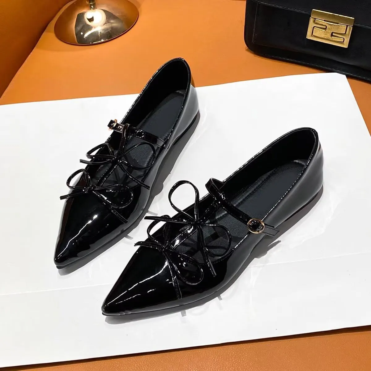 ChaiRong Zhou Women Mary Jane Flats Two Bowknot Patent Leather T-Straps Pointed Toe Casual Ballet Dress Shoes
