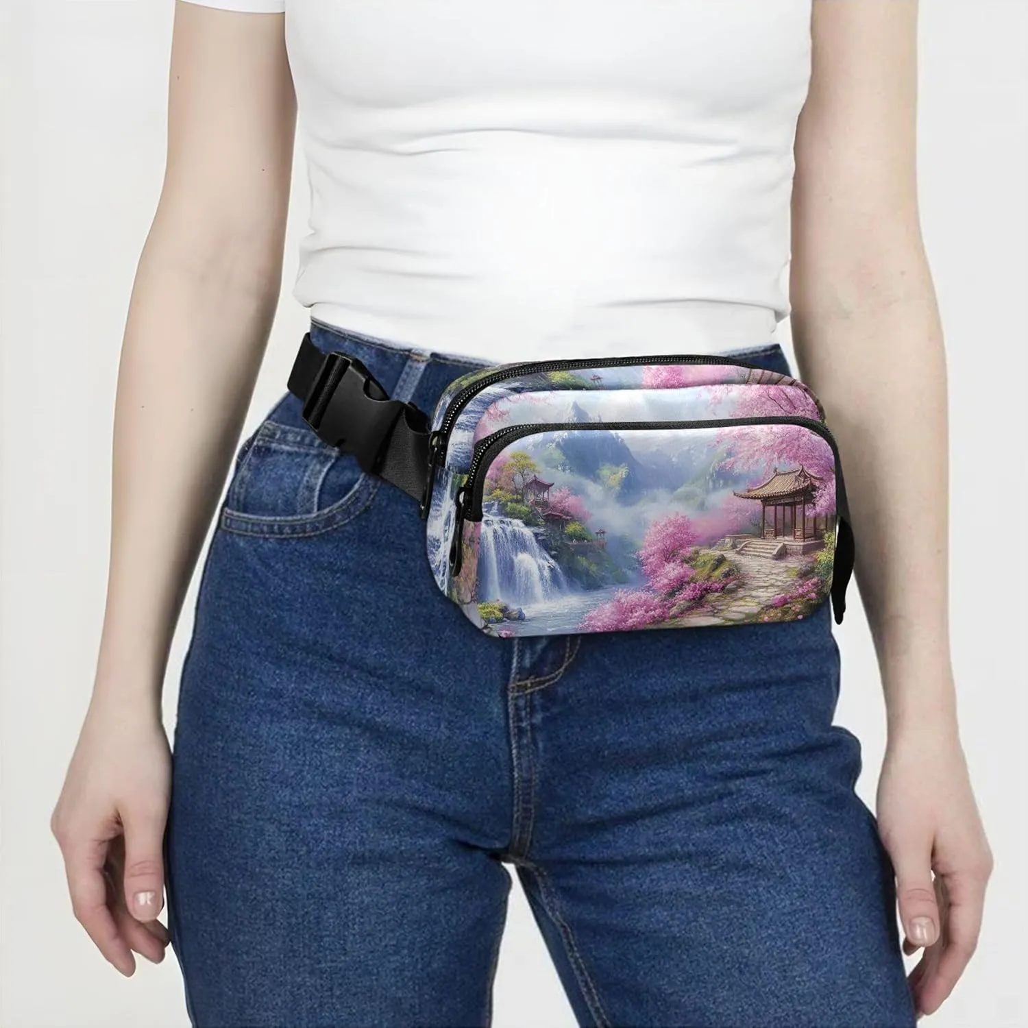 Cherry Blossom Landscape Pink Women Fanny Pack Waterproof Large Hip Belt Bag Cute Travel Waist Bag