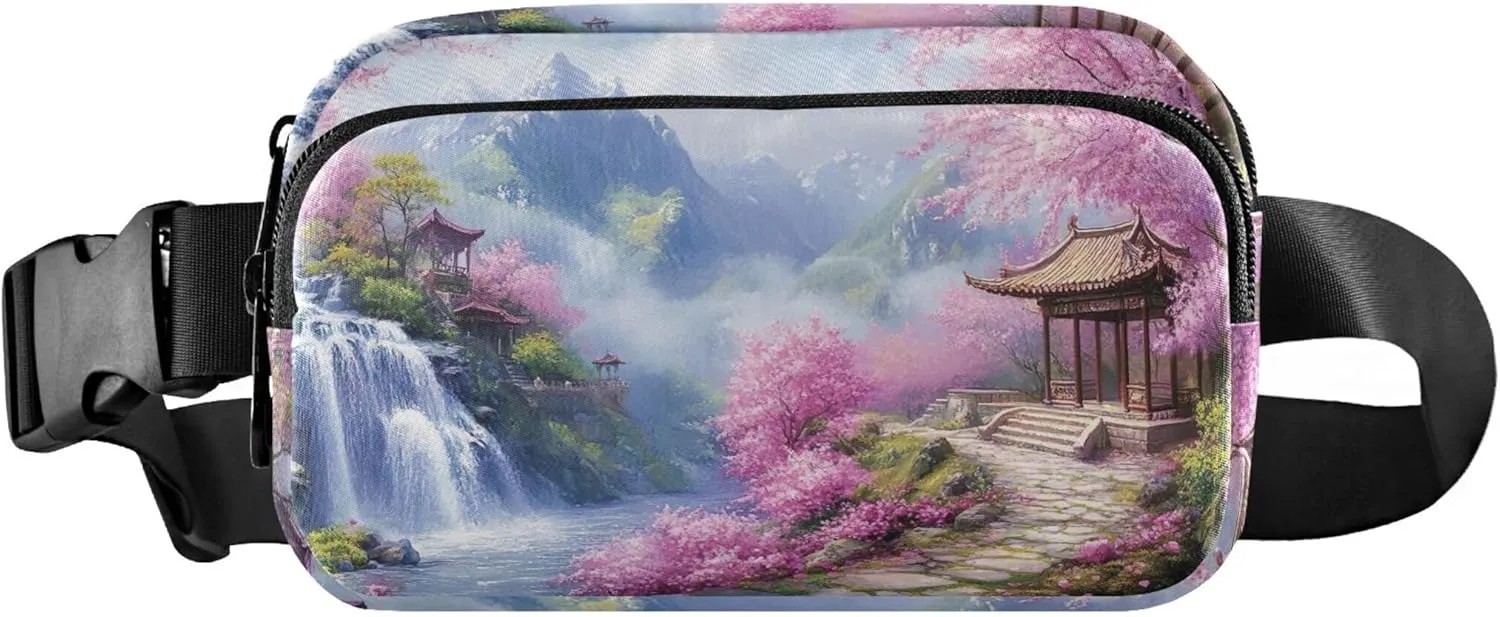 Cherry Blossom Landscape Pink Women Fanny Pack Waterproof Large Hip Belt Bag Cute Travel Waist Bag