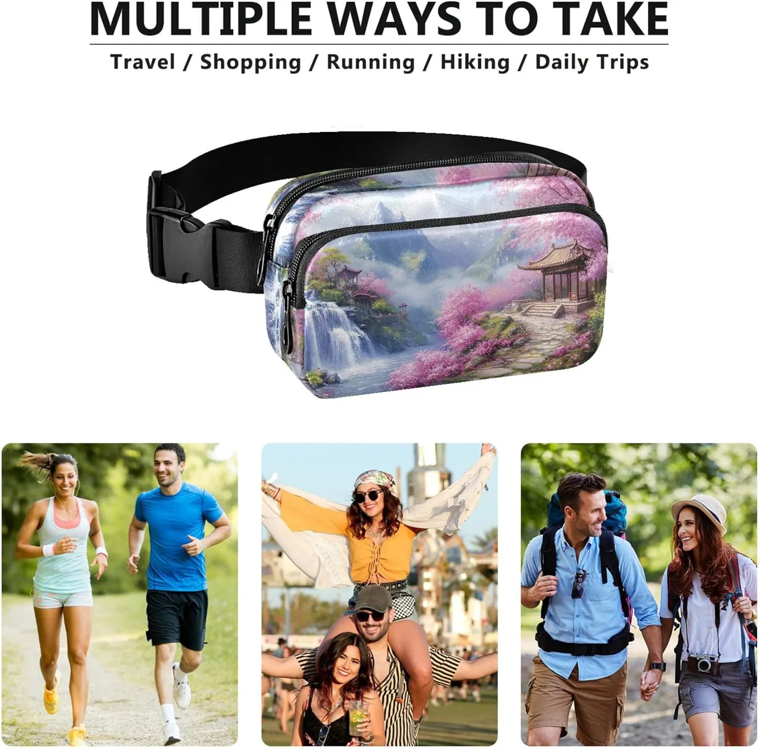 Cherry Blossom Landscape Pink Women Fanny Pack Waterproof Large Hip Belt Bag Cute Travel Waist Bag