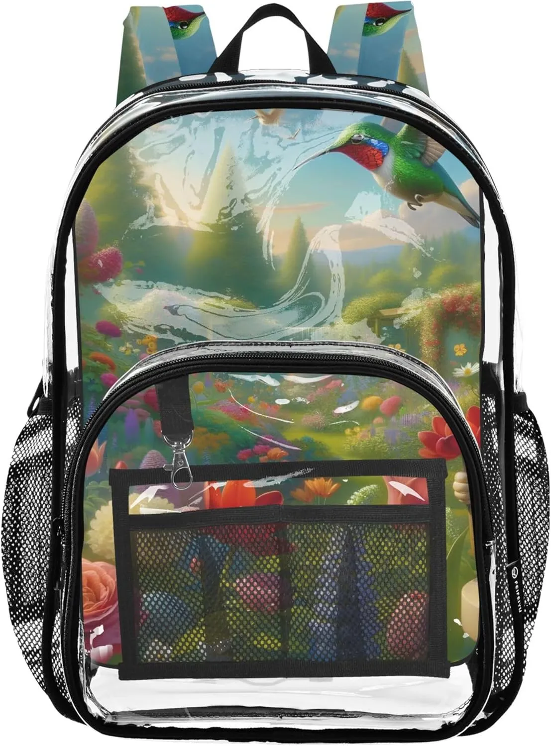Clear Backpack for Women Kids Girls Backpack Boys Clear School Shoulder Bag Spring Hummingbird and Gnome in Garden