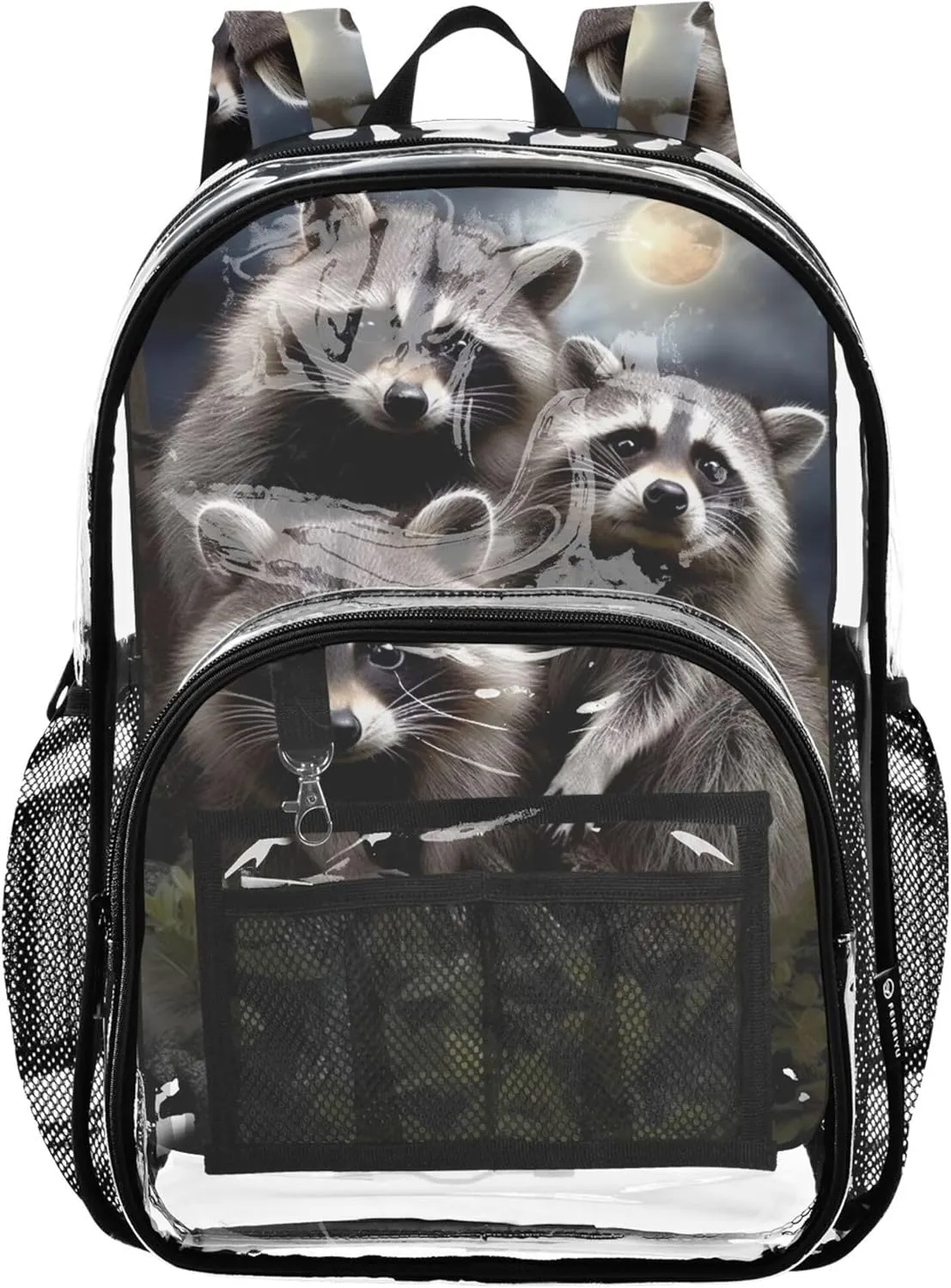 Clear Backpack Women Cute Cute Raccoon Moon Night Kids Backpack for Girls School Clear Plastic Bag Pvc