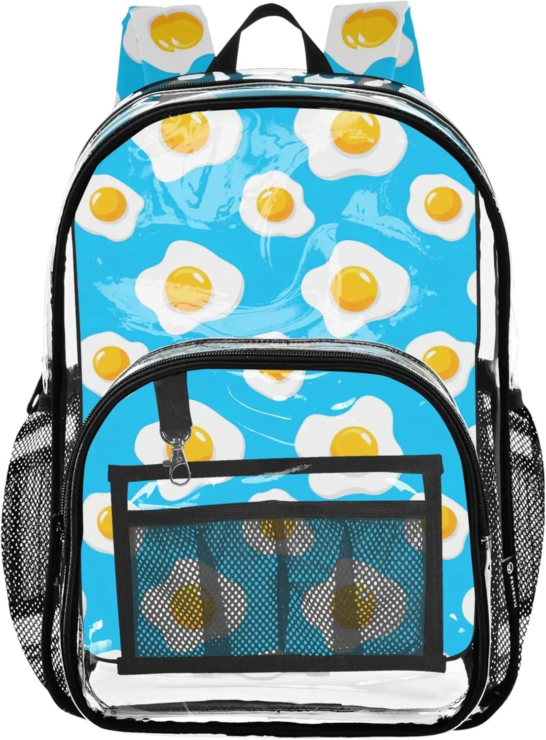 Clear Bag for Women Travel Fried Eggs Blue Girls Backpack for Kids Plastic Transparent Bookbag