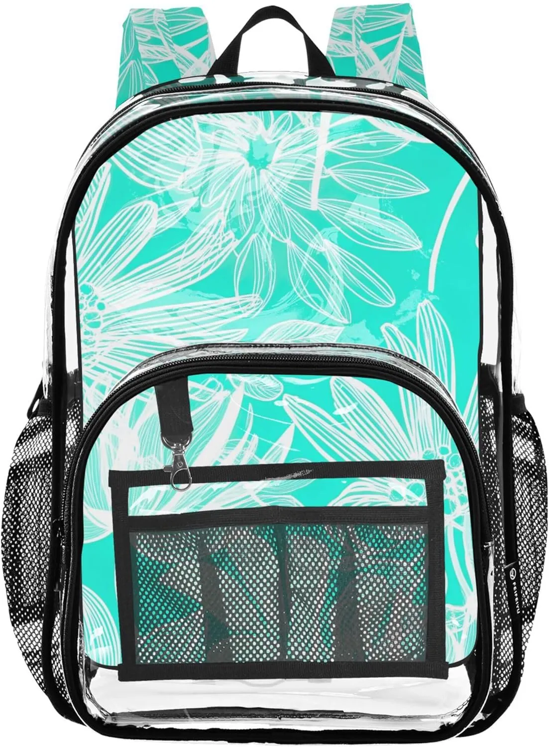 Clear Bag for Women Travel Kids Girls Backpack Boys Plastic School Clear Bookbag Aqua Floral White Leaves