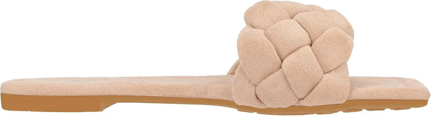 CLOVERLAY Yara Women's Square Open Toe Slides Braided Woven Single Band Slip on Flat Sandals