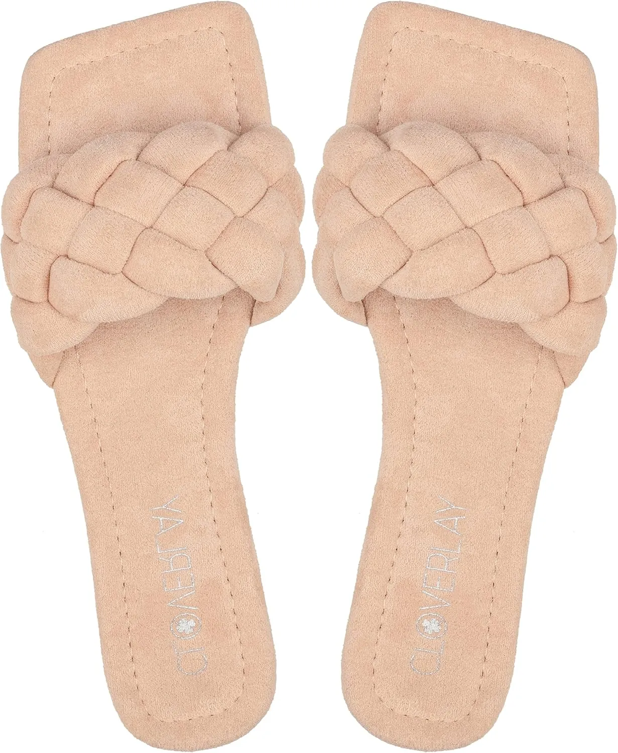 CLOVERLAY Yara Women's Square Open Toe Slides Braided Woven Single Band Slip on Flat Sandals
