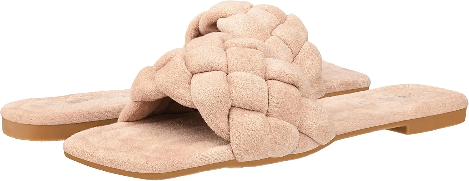 CLOVERLAY Yara Women's Square Open Toe Slides Braided Woven Single Band Slip on Flat Sandals