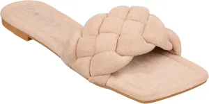 CLOVERLAY Yara Women's Square Open Toe Slides Braided Woven Single Band Slip on Flat Sandals