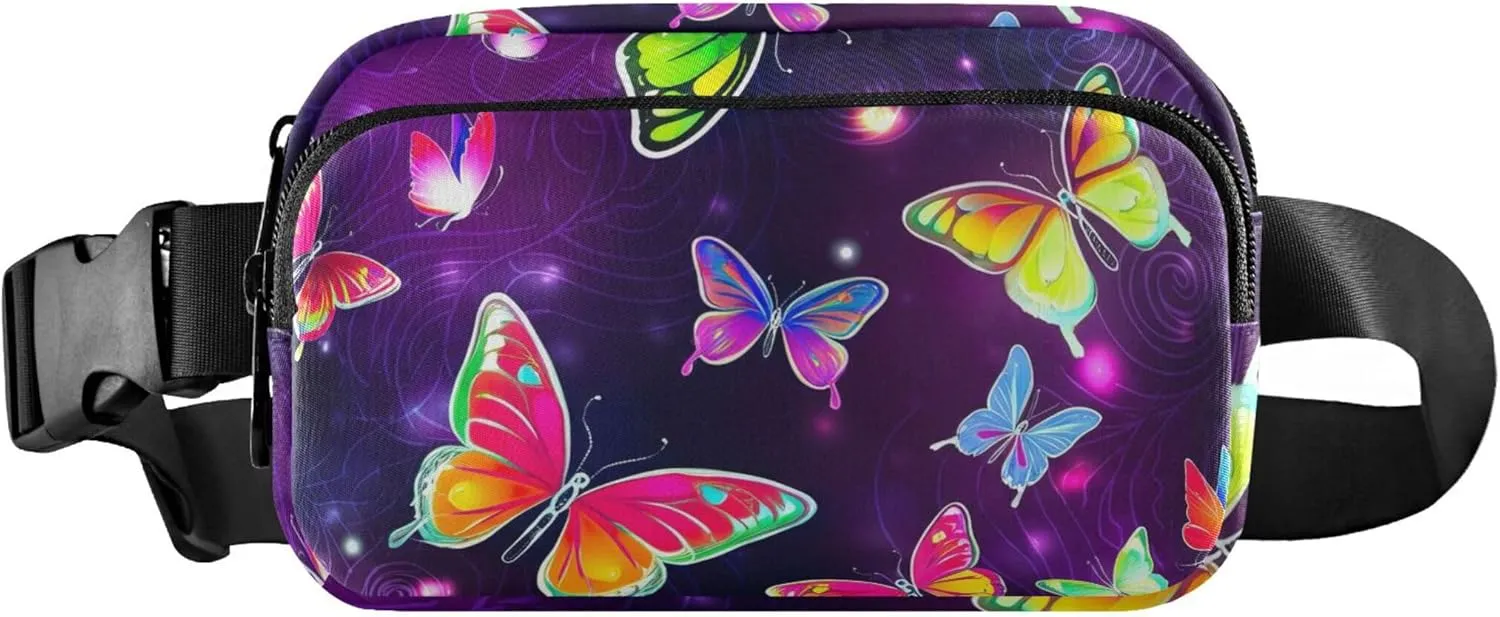 Colorful Butterflies Purple Fanny Pack for Women Waterproof Hip Bag Belt Pouch Cute Travel Waist Pouch