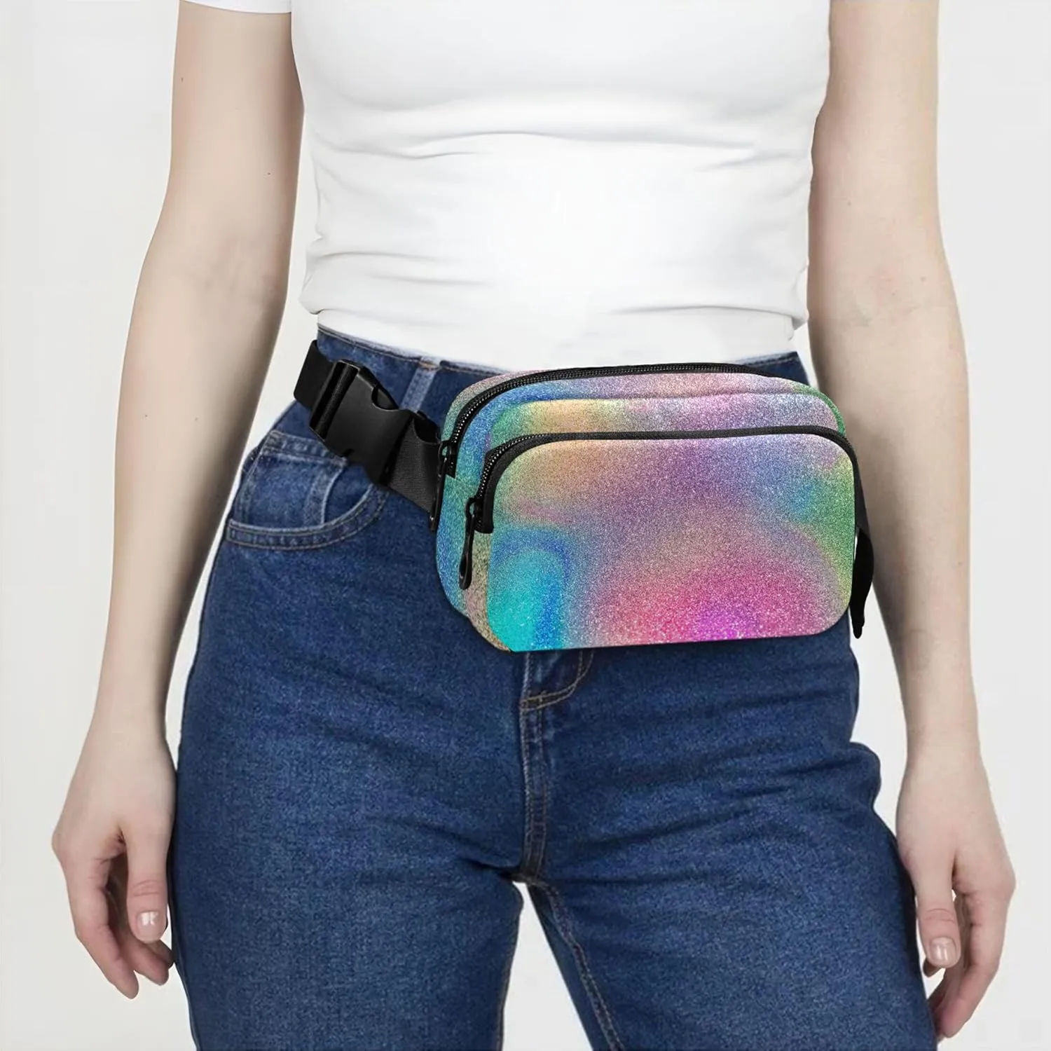 Colorful Glitter Rainbow Women Fanny Packs Waterproof Everywhere Belt Bag Hiking Travel Waist Bag