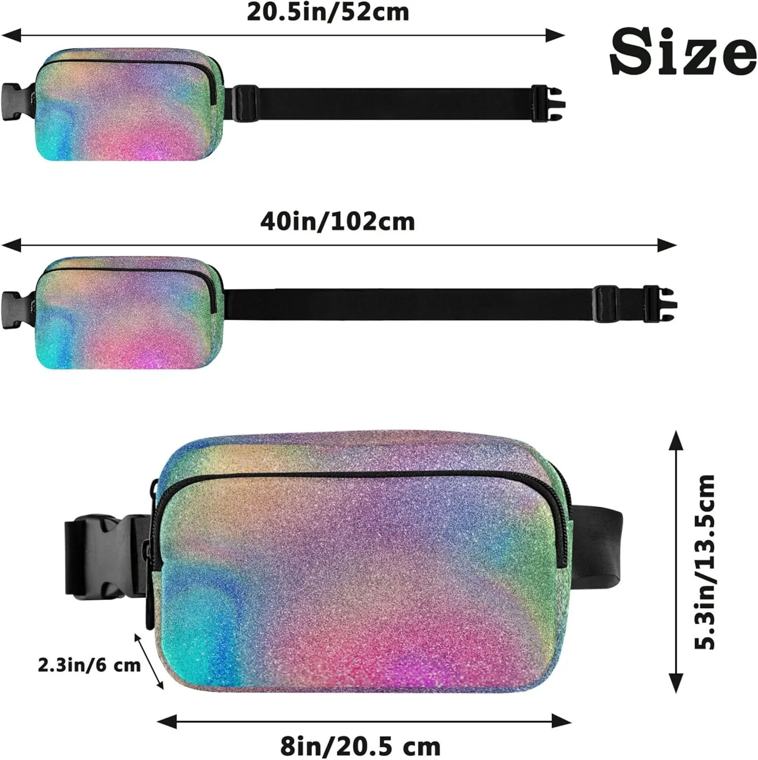 Colorful Glitter Rainbow Women Fanny Packs Waterproof Everywhere Belt Bag Hiking Travel Waist Bag