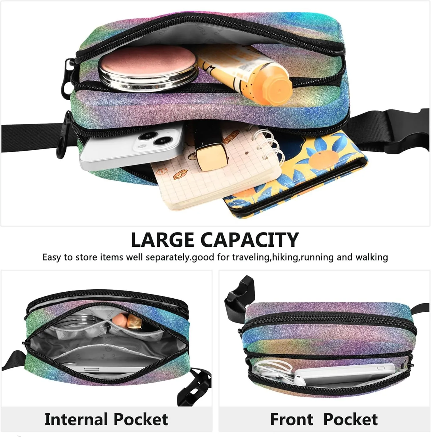 Colorful Glitter Rainbow Women Fanny Packs Waterproof Everywhere Belt Bag Hiking Travel Waist Bag