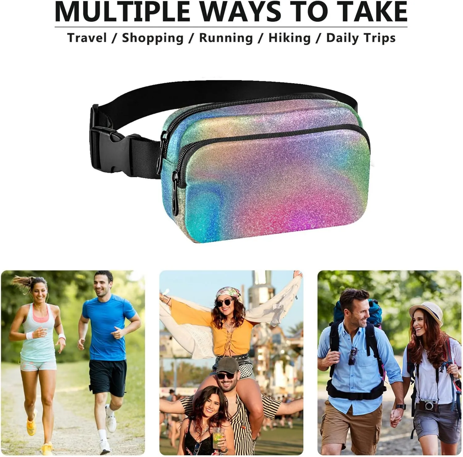 Colorful Glitter Rainbow Women Fanny Packs Waterproof Everywhere Belt Bag Hiking Travel Waist Bag