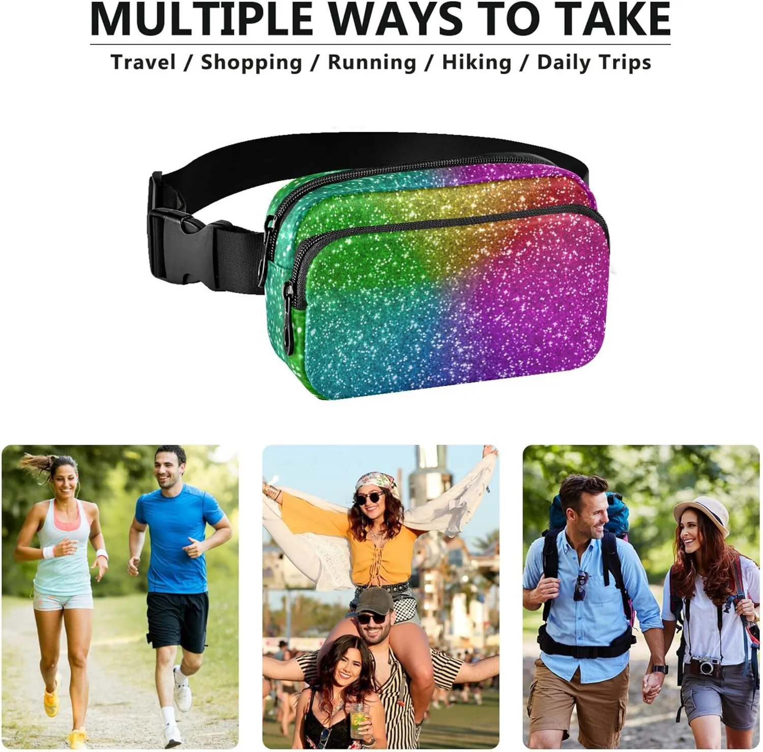 Colorful Glitter Waterproof Fanny Packs Women Hip Bag Belt Pouch Funny Travel Waist Pack for Men