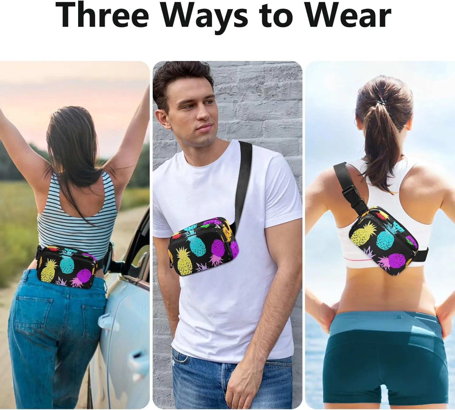 Colorful Pineapple Black Fanny Pack for Women Waterproof Everywhere Belt Bag Cute Cross Body Waist Purse