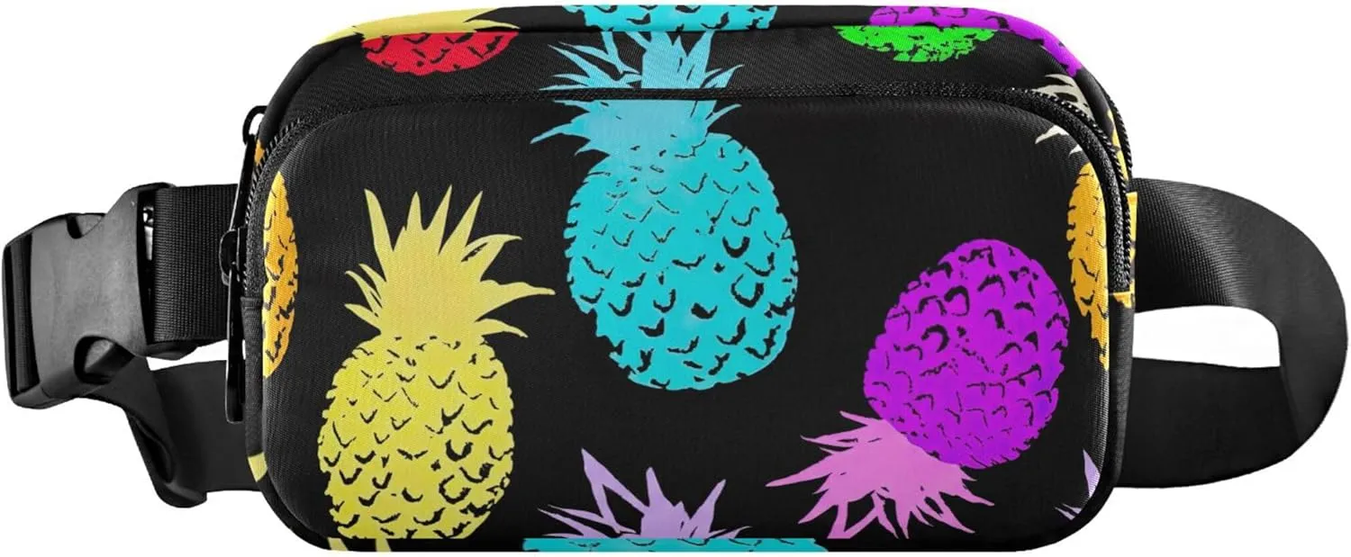 Colorful Pineapple Black Fanny Pack for Women Waterproof Everywhere Belt Bag Cute Cross Body Waist Purse