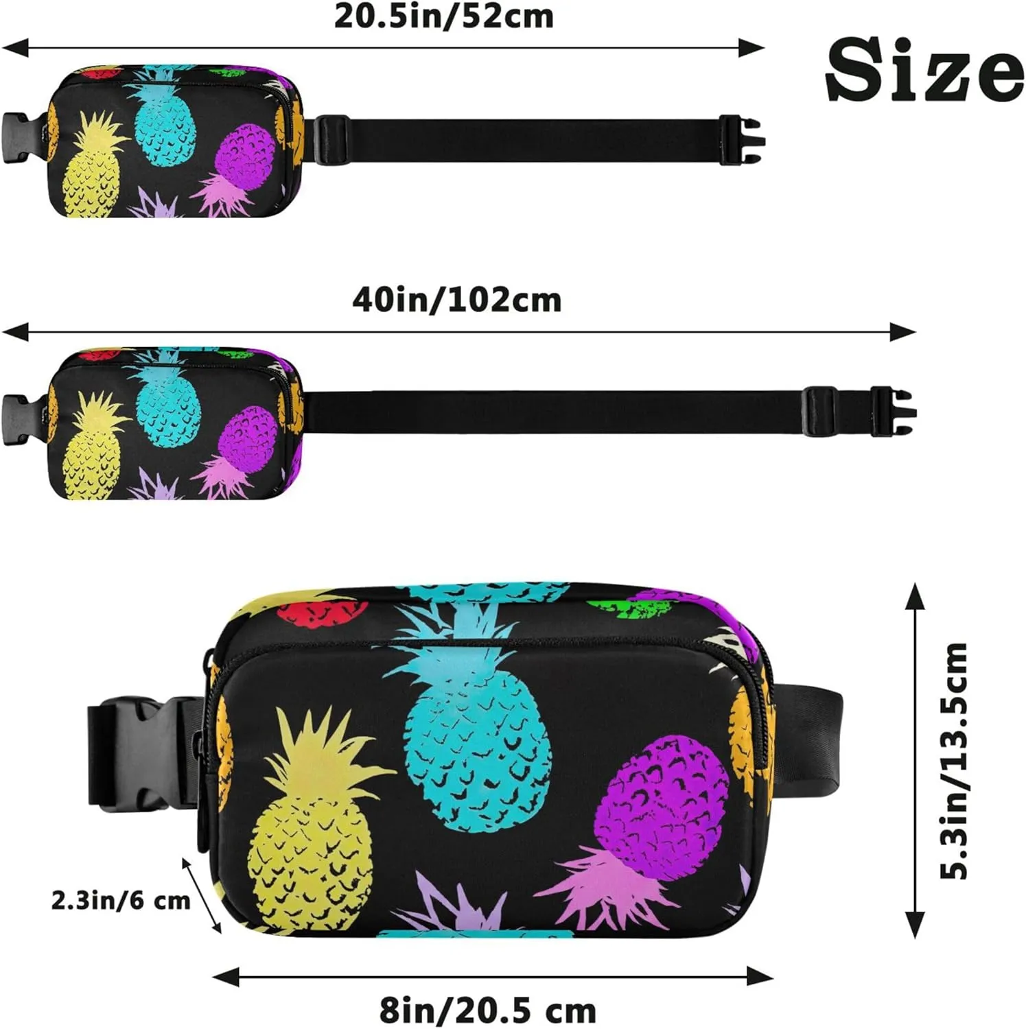 Colorful Pineapple Black Fanny Pack for Women Waterproof Everywhere Belt Bag Cute Cross Body Waist Purse