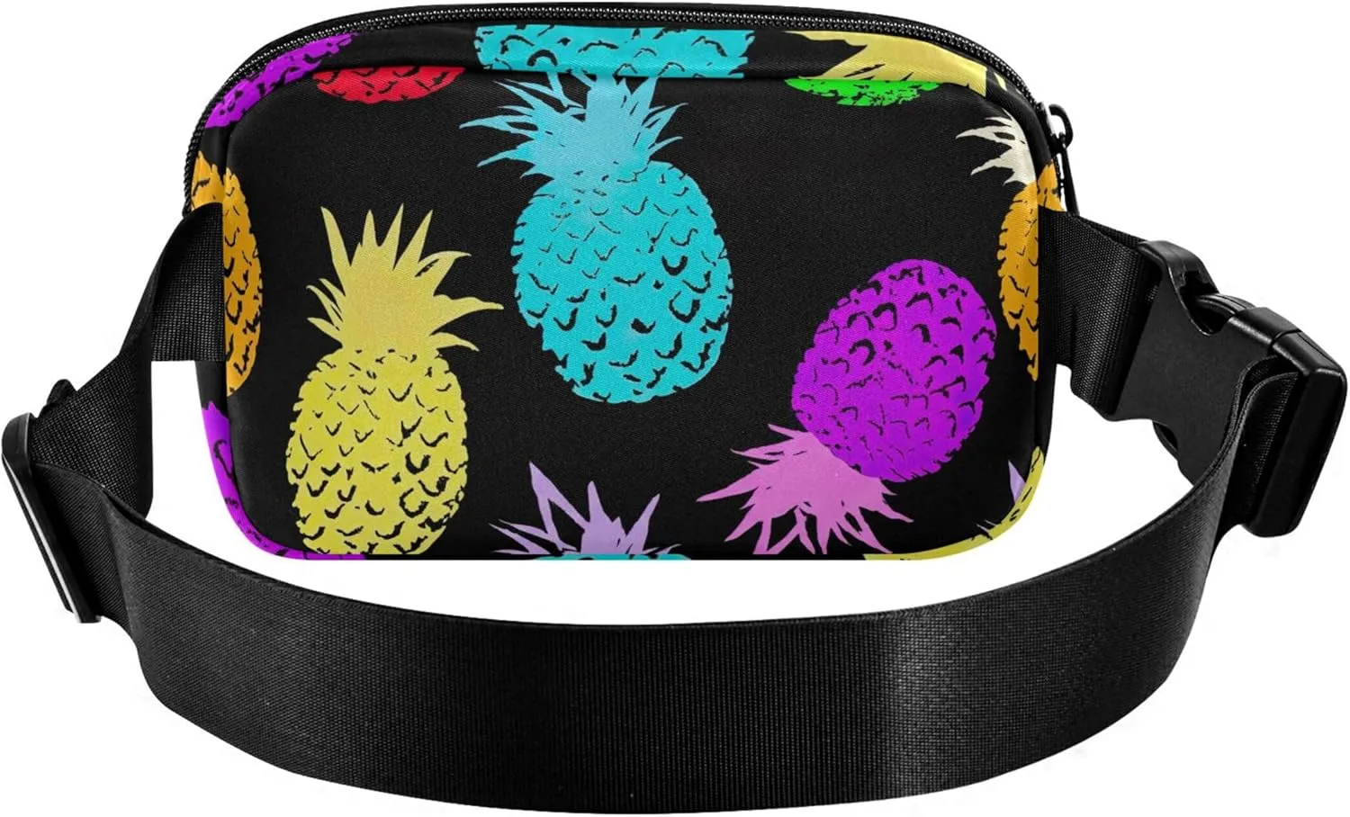 Colorful Pineapple Black Fanny Pack for Women Waterproof Everywhere Belt Bag Cute Cross Body Waist Purse